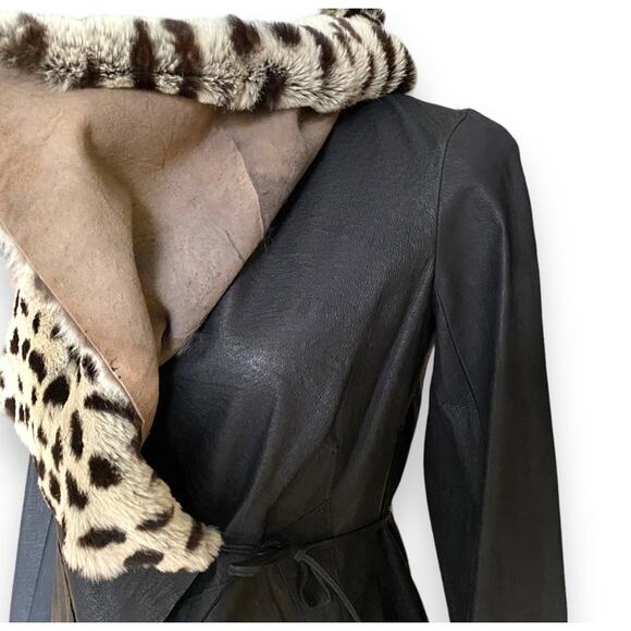 Y2k illia Cropped Black Leather Jacket Leopard Print Rabbit Fur Collar Sz 4/XS - Picture 8 of 12